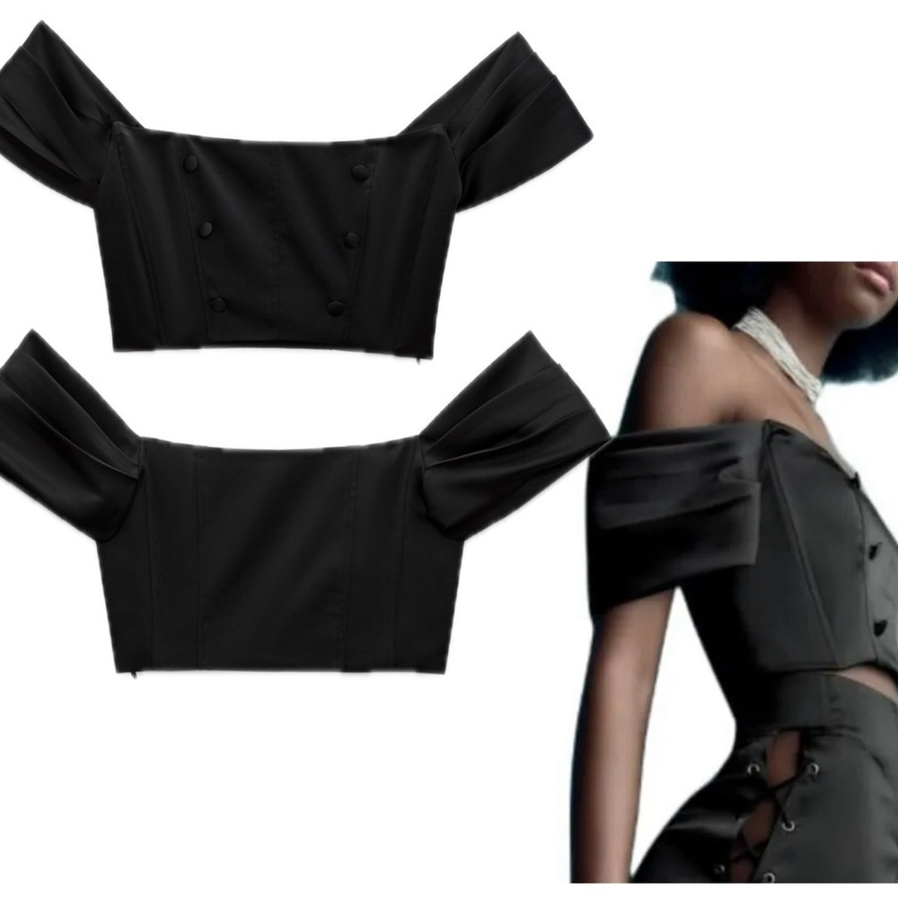 Zara Black satin effect buttoned short pleated sleeve crop top Sz L NWT - Picture 4 of 15